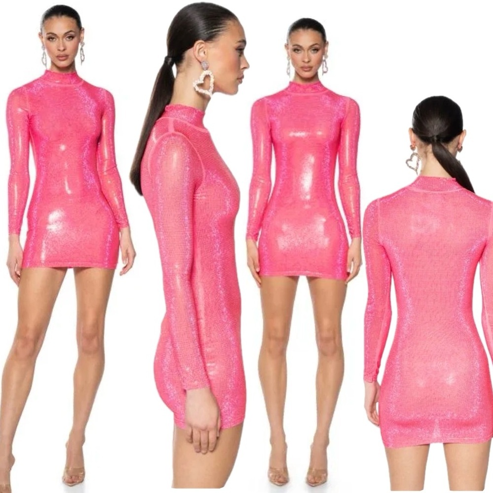 AKIRA Lets Go Party Rhinestone embellished Diamante long sleeve Mini Dress pink